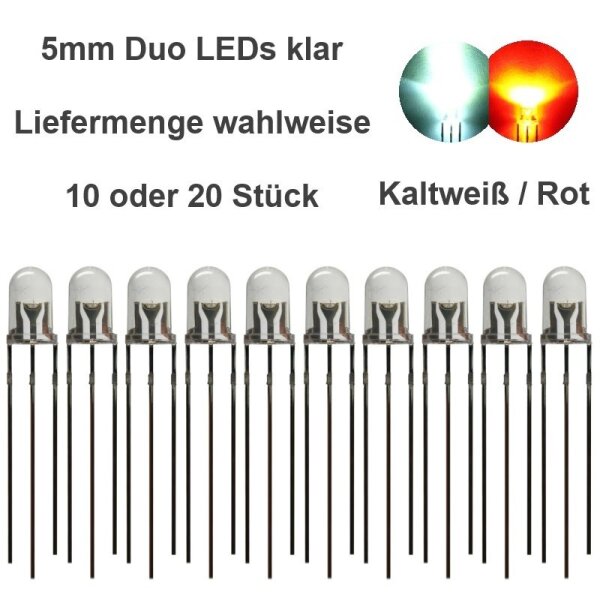 Duo LED 5mm bicolor LEDs 3-pin DIGITAL Lichtwechsel Loks Zug Triebwagen G 1 0 H0 20 Stück kaltweiß / rot klar