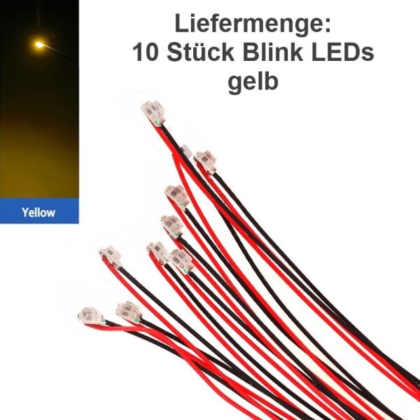 SMD Blink LED 0805 blinkend mit Kabel angelötet Ø 0,3mm Microkabel LEDs 10 Stück gelb blinkend