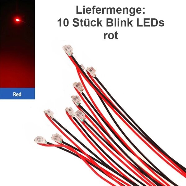SMD Blink LED 0805 blinkend mit Kabel angelötet Ø 0,3mm Microkabel LEDs 10 Stück rot blinkend