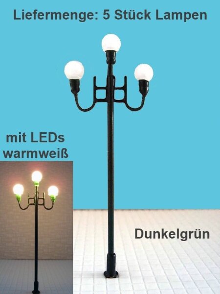 H0 Straßenlampen Parkleuchten LED 7,7cm 12-19V Lampe Laterne Leuchte 5 Stück Grün