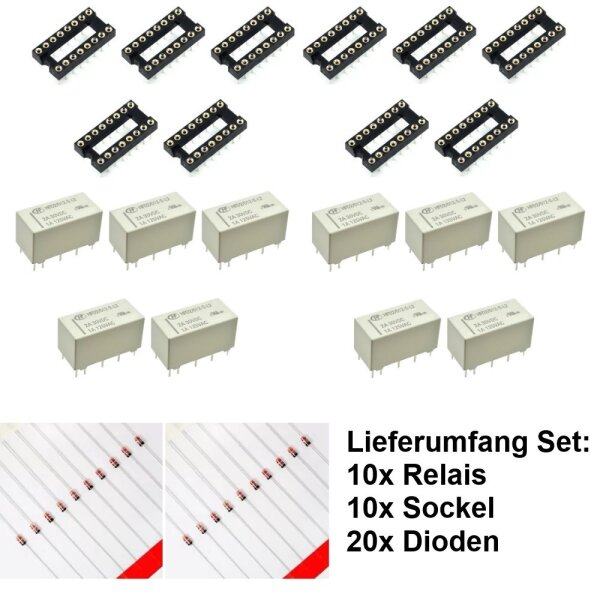 Miniatur Relais bistabil 2 Spulen 2xUM 2 Wechsler 2A 12V 9V - 24V Sockel Dioden Set 10x Relais 10x Sockel 20x Dioden