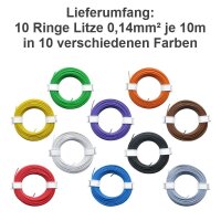 Litze Kabel 0,14mm² LIY Kupfer Kupferlitze 100 Meter je Farbe 10 Meter Ring Set