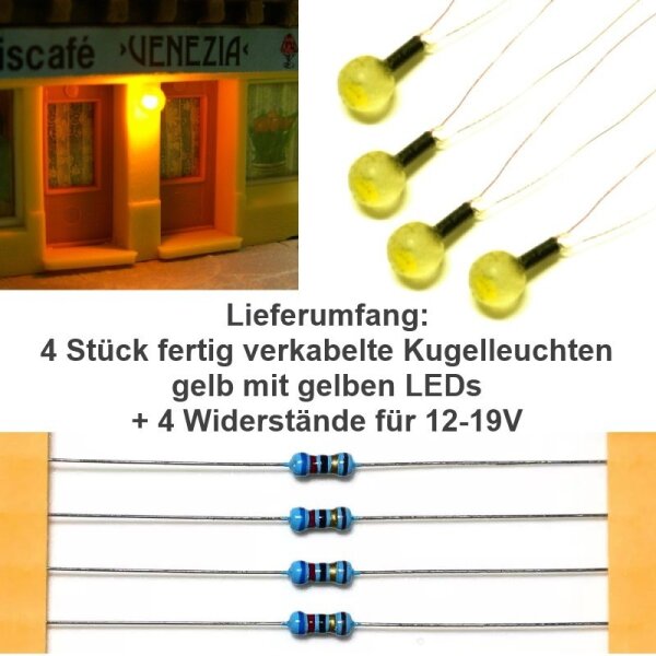 Wandlampen LED Straßenlampen Wandleuchten Kugelleuchte für H0 TT Häuser Gebäude 4 Stück gelb Fertigmodell