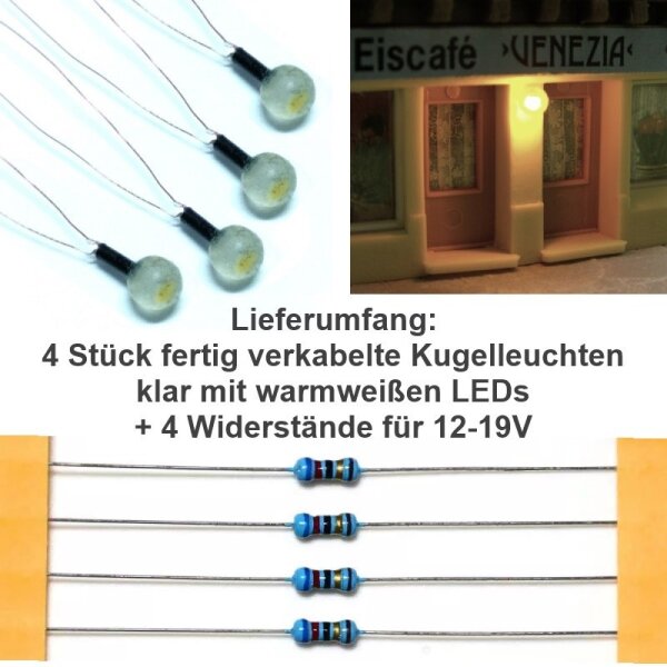 Wandlampen LED Straßenlampen Wandleuchten Kugelleuchte für H0 TT Häuser Gebäude 4 Stück warmweiß Fertigmodell