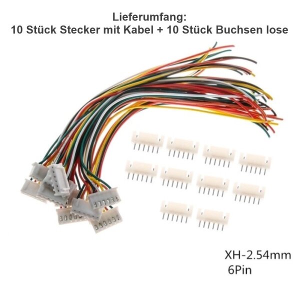 JST-XH 2.5 2.54mm Stecker inkl. 15cm Kabel + XH Buchse 2 3 4 5 6 7 8 9 10 Pin 6 Pin (10 Stecker + 10 Buchsen)