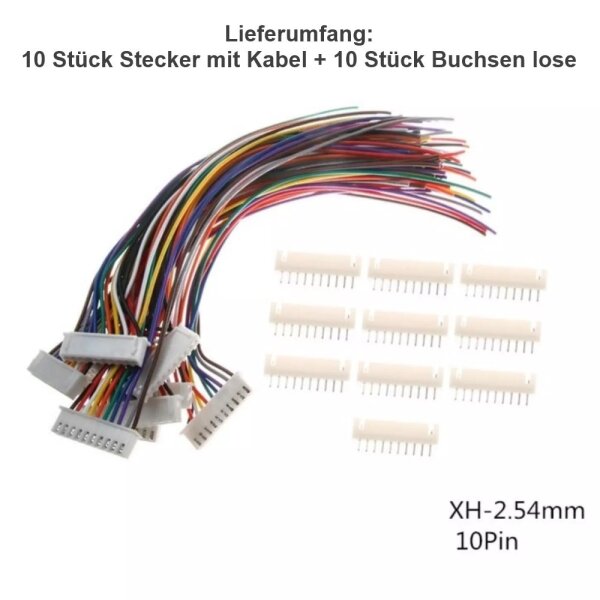 JST-XH 2.5 2.54mm Stecker inkl. 15cm Kabel + XH Buchse 2 3 4 5 6 7 8 9 10 Pin 10 Pin (10 Stecker + 10 Buchsen)