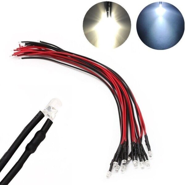 LED 3mm warmweiß kalt weiß 9V 12V 14 16 19V mit Widerstand Kabel angelötet 10x