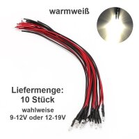 LED 3mm warmweiß kalt weiß 9V 12V 14 16 19V mit Widerstand Kabel angelötet 10x