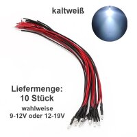 LED 3mm warmweiß kalt weiß 9V 12V 14 16 19V mit Widerstand Kabel angelötet 10x
