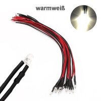 LED 3mm warmweiß kalt weiß 9V 12V 14 16 19V mit Widerstand Kabel angelötet 10x