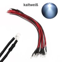 LED 3mm warmweiß kalt weiß 9V 12V 14 16 19V mit Widerstand Kabel angelötet 10x