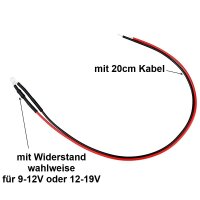 LED 3mm warmweiß kalt weiß 9V 12V 14 16 19V mit Widerstand Kabel angelötet 10x