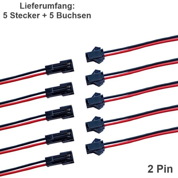 JST SM Stecker Buchse mit Kabel 15cm LED Streifen RC 2 3 4 5 6 Pin Connector 5x 2 Pin (5 Stecker + 5 Buchsen)