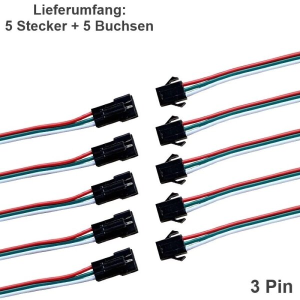 JST SM Stecker Buchse mit Kabel 15cm LED Streifen RC 2 3 4 5 6 Pin Connector 5x 3 Pin (5 Stecker + 5 Buchsen)