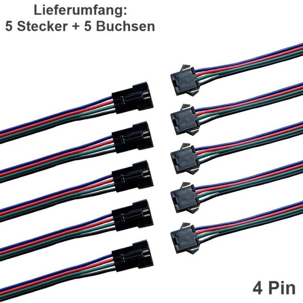 JST SM Stecker Buchse mit Kabel 15cm LED Streifen RC 2 3 4 5 6 Pin Connector 5x 4 Pin (5 Stecker + 5 Buchsen)