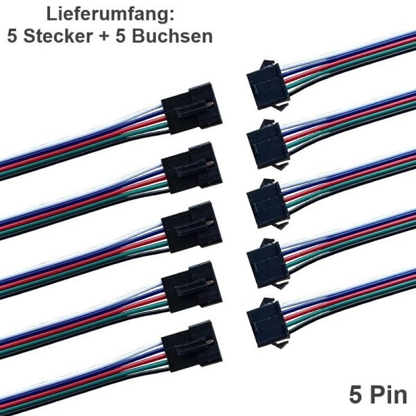 JST SM Stecker Buchse mit Kabel 15cm LED Streifen RC 2 3 4 5 6 Pin Connector 5x 5 Pin (5 Stecker + 5 Buchsen)