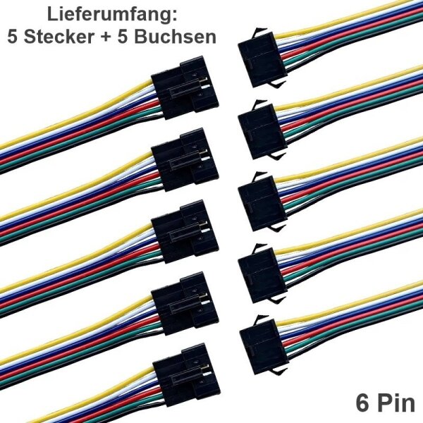 JST SM Stecker Buchse mit Kabel 15cm LED Streifen RC 2 3 4 5 6 Pin Connector 5x 6 Pin (5 Stecker + 5 Buchsen)
