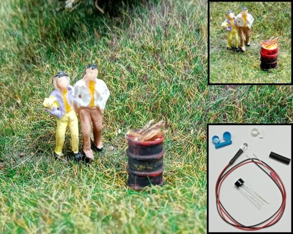 brennendes Fass Tonne H0 1:87 mit LED Brandflackern Feuer BAUSATZ Aral Esso