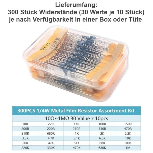 Widerstände Vorwiderstände 1/4W 1% 300 / 600 Stück Metallschicht Metallfilm Set 300 Stück (30 Werte je 10 Stück)
