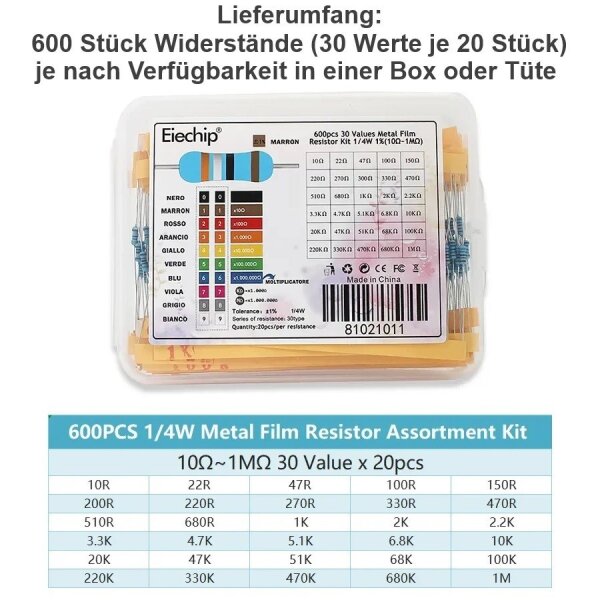 Widerstände Vorwiderstände 1/4W 1% 300 / 600 Stück Metallschicht Metallfilm Set 600 Stück (30 Werte je 20 Stück)