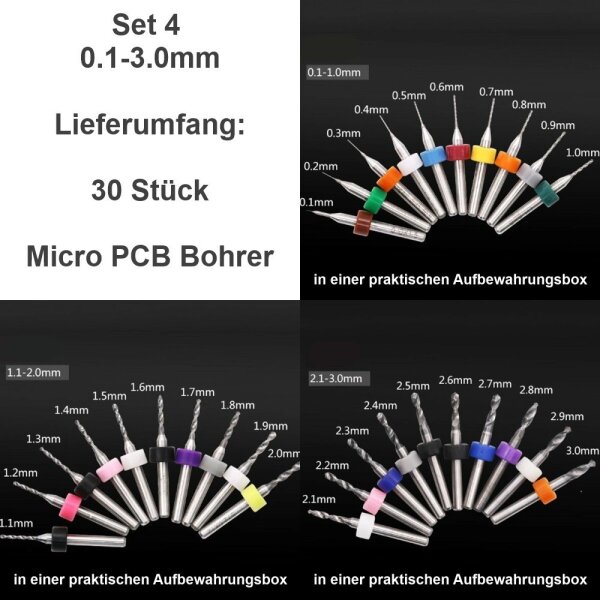 Micro PCB VHM Bohrer Set 0,1-3,0mm Mini Hartmetallbohrer CNC Gravur Schaftfräser Set 4 0,1-3,0mm 30 Bohrer