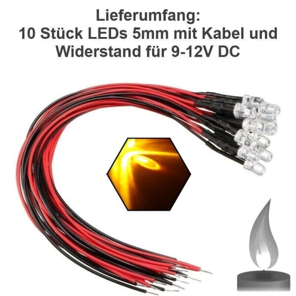 Flacker LED 3mm 5mm 12V Kabel angelötet Flackerlicht Kerze Lagerfeuer Feuer LEDs 5mm gelb