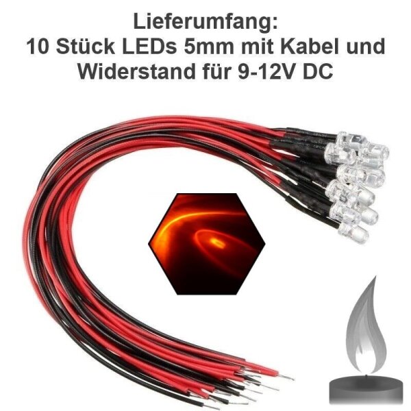 Flacker LED 3mm 5mm 12V Kabel angelötet Flackerlicht Kerze Lagerfeuer Feuer LEDs 5mm orange