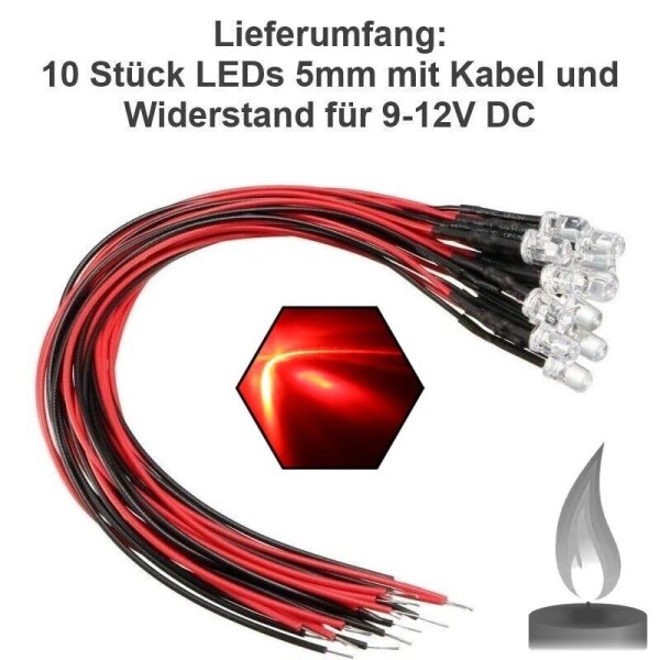 Flacker LED 3mm 5mm 12V Kabel angelötet Flackerlicht Kerze Lagerfeuer Feuer LEDs 5mm rot