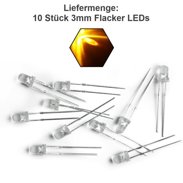 Flacker LED 3mm 5mm Flackerlicht Kerze Lagerfeuer Feuer Flamme LEDs 10 Stück 3mm gelb