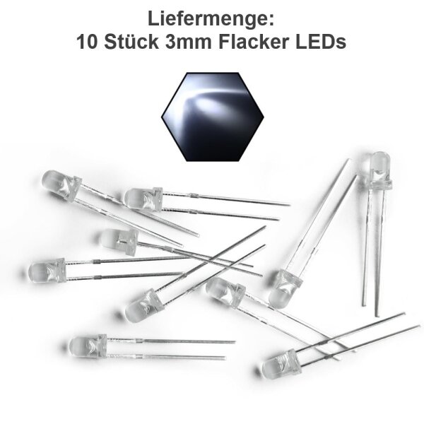 Flacker LED 3mm 5mm Flackerlicht Kerze Lagerfeuer Feuer Flamme LEDs 10 Stück 3mm weiß