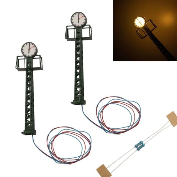 Bahnhofsuhr Uhr Gittermast TT N 6cm 2 Stück mit LED Beleuchtung Bahnsteig S425