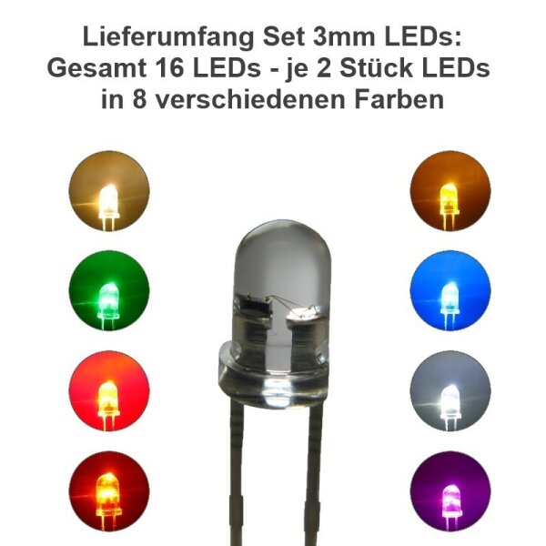 Flacker LED Set 3mm oder 5mm Flackerlicht Kerze Lagerfeuer Feuer LEDs 8 Farben Set 3mm LEDs (gesamt 16 Stück)
