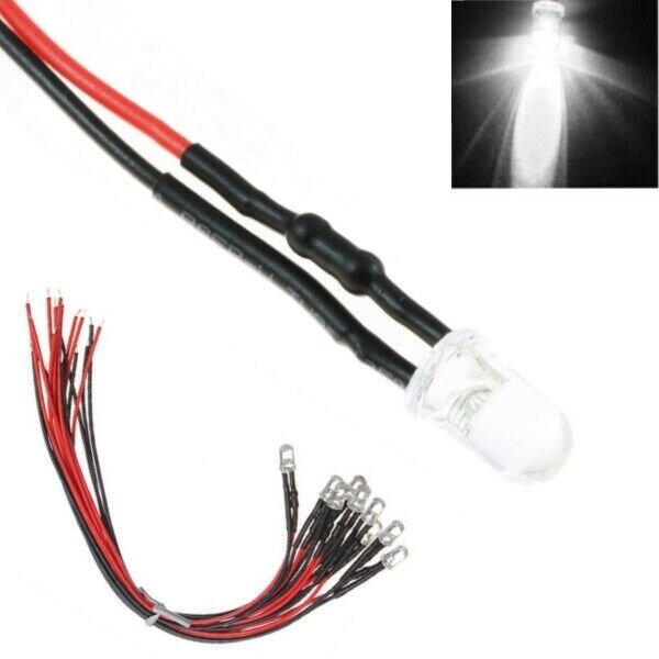 LED 5mm diffus und klar mit Kabel Litze für 12-19V LEDs 7 Farben zur AUSWAHL 20 Stück kaltweiß klar