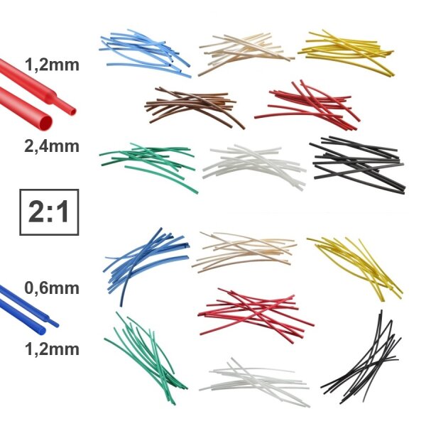 Schrumpfschlauch 1,2 / 0,6 mm und 2,4 / 1,2 mm ideal für Kabel LED je 2 Meter