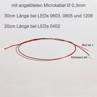 SMD LED 0402 0603 0805 1206 mit Kabel angelötet Ø 0,3mm Microkabel LEDs 10 Stück