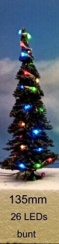 Weihnachtsbaum LED Lichterkette bunt beleuchtet Tanne Schnee 65 bis 135mm H0 TT 110mm bunte LEDs grüne Tanne