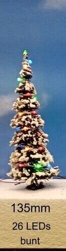 Weihnachtsbaum LED Lichterkette bunt beleuchtet Tanne Schnee 65 bis 135mm H0 TT 110mm bunte LEDs Schneetanne