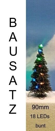 Weihnachtsbaum LED Lichterkette bunt beleuchtet Tanne Schnee 65 bis 135mm H0 TT 90mm bunte LEDs grüne Tanne Bausatz