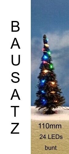 Weihnachtsbaum LED Lichterkette bunt beleuchtet Tanne Schnee 65 bis 135mm H0 TT 110mm bunte LEDs grüne Tanne Bausatz
