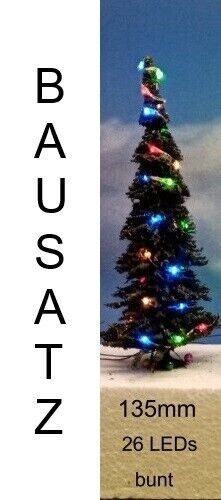 Weihnachtsbaum LED Lichterkette bunt beleuchtet Tanne Schnee 65 bis 135mm H0 TT 135mm bunte LEDs grüne Tanne Bausatz