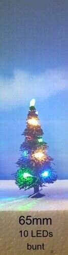 Weihnachtsbaum LED Lichterkette bunt beleuchtet Tanne Schnee 65 bis 135mm H0 TT 65mm bute LEDs grüne Tanne
