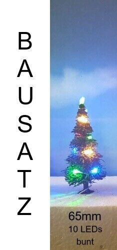 Weihnachtsbaum LED Lichterkette bunt beleuchtet Tanne Schnee 65 bis 135mm H0 TT 65mm bunte LEDs grüne Tanne Bausatz