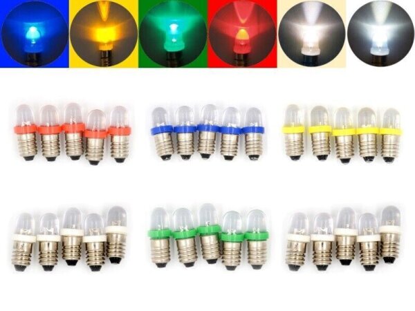 LED 10mm Sockel E10 9V 12V 14V 16V 19V LEDs mit Gewinde für Fassung E10 AUSWAHL Set alle Farben je 5 Stück (gesamt 30 Stück) 9V-14V