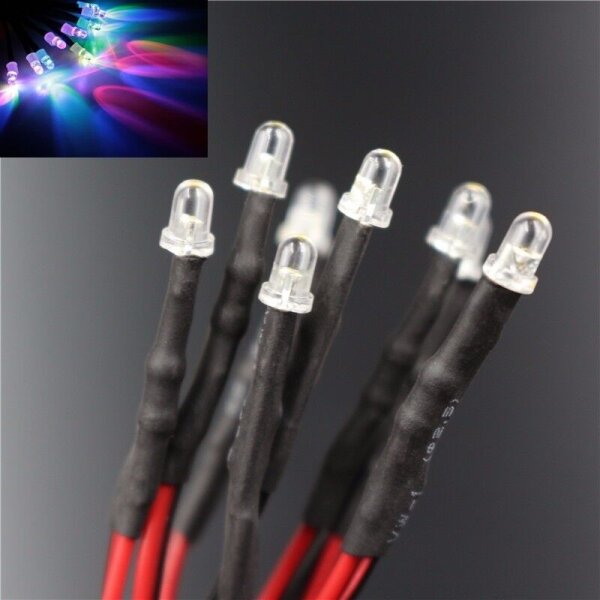 LED 3mm RGB mit Kabel für 9-12V Regenbogen Farbwechsel schnell 20 Stück S621