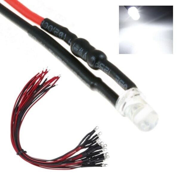 LED 3mm weiß klar mit Kabel / Litze für 12-16V white LEDs 10 Stück W419
