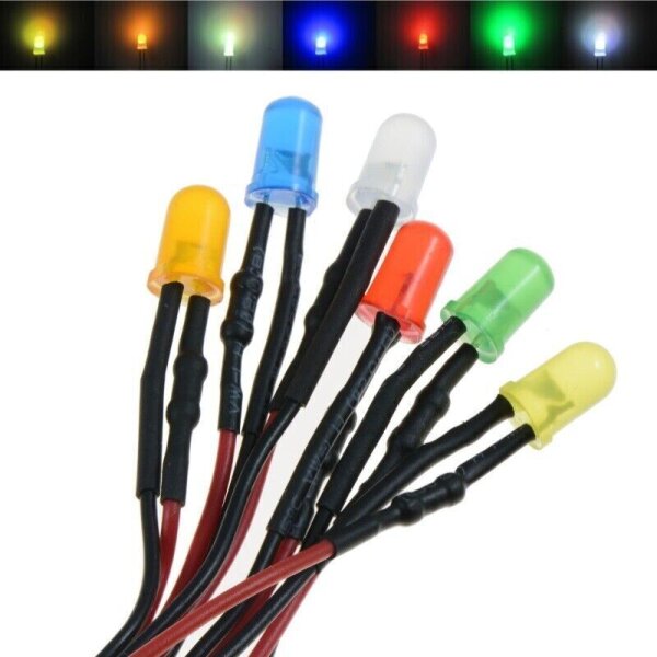 LED 5mm diffus mit Kabel Litze für 9V - 12V LEDs 7 Farben je 10 Stück AUSWAHL