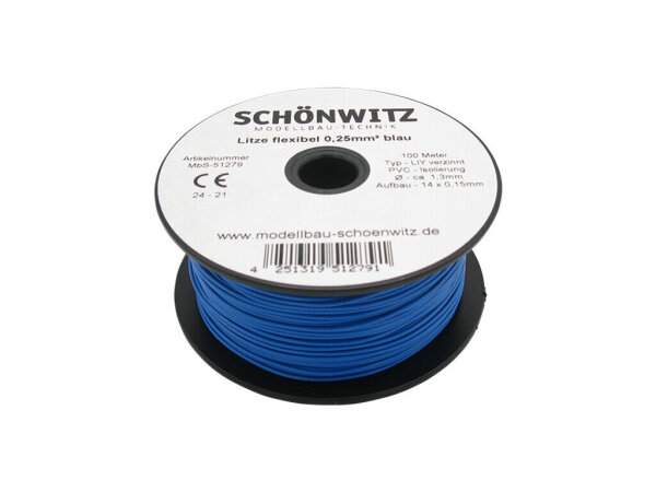 Litze Kabel 0,25mm² LIY Kupferschaltlitze 100 Meter auf Spule 10 Farben Auswahl Blau