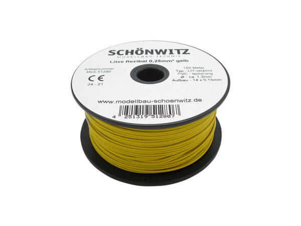 Litze Kabel 0,25mm² LIY Kupferschaltlitze 100 Meter auf Spule 10 Farben Auswahl Gelb