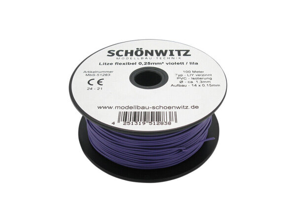 Litze Kabel 0,25mm² LIY Kupferschaltlitze 100 Meter auf Spule 10 Farben Auswahl Lila