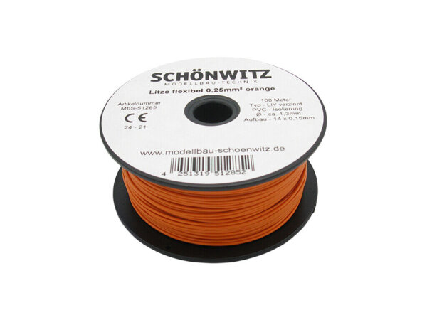 Litze Kabel 0,25mm² LIY Kupferschaltlitze 100 Meter auf Spule 10 Farben Auswahl Orange